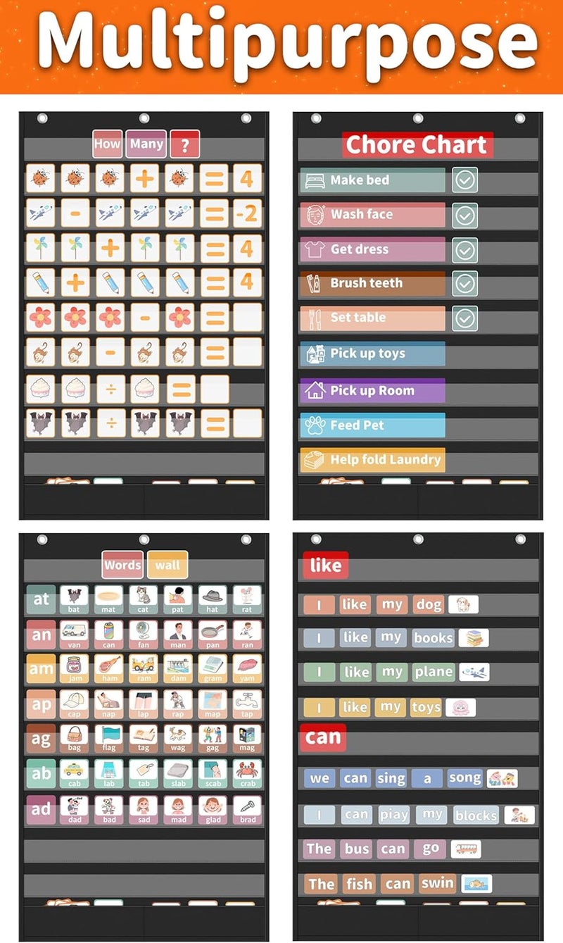 Yoink 10+2 Pockets Standard Pocket Chart, Clear 10 Pockets for Alphabet Learning with 2 Extra Storage Pocket, Chore Chart, Word Wall and Sentence Strips Chart for Classroom, Black (44.9" x 28.1") - Image 3